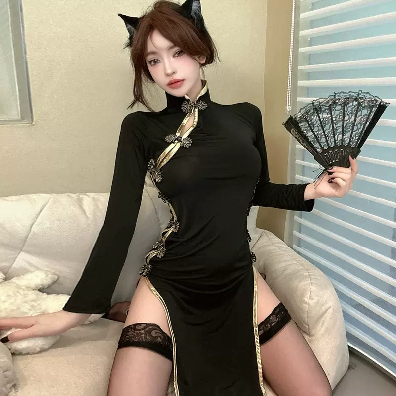 欧美东南亚跨境外贸批发性感长袖情趣诱惑高开叉旗袍连衣裙女
