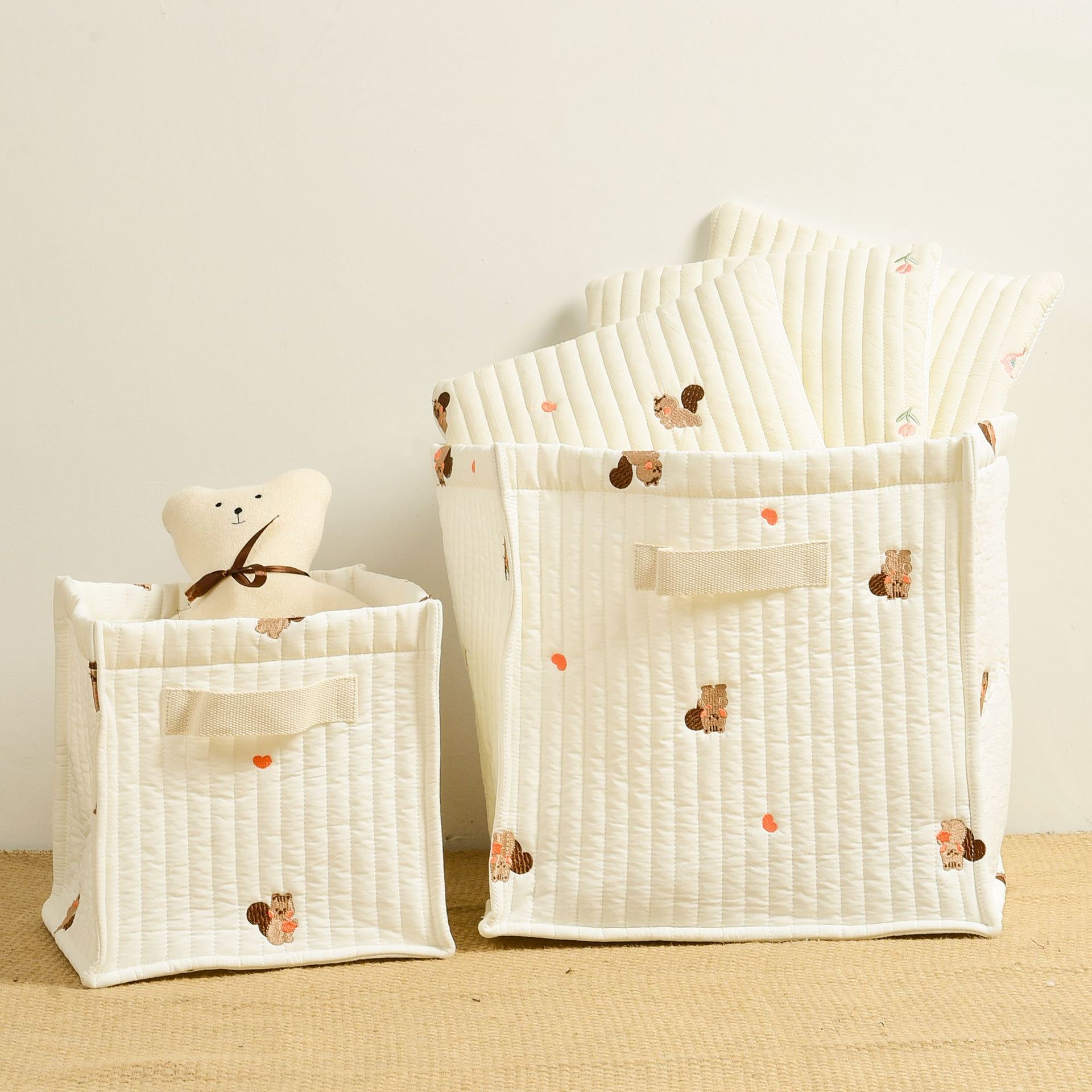Ins Korean Style Cute Bear Olive Embroidery Model Baby Bottle Diaper Toy Storage Basket