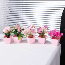 跨境热卖仿真花植物小盆栽摆件假玫瑰花绣球桃花盆景家居桌面装饰