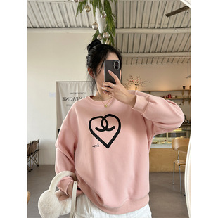 Women's plus size Korean-style Round Neck Pullover Top Loose Casual All-match Slimming Pink Love Printed Sweat for Students
