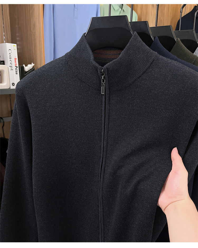 Áo len cardigan nam Haggis 100% len dày dặn có khóa kéo dệt kim cổ đứng — màu đen chi tiết 10