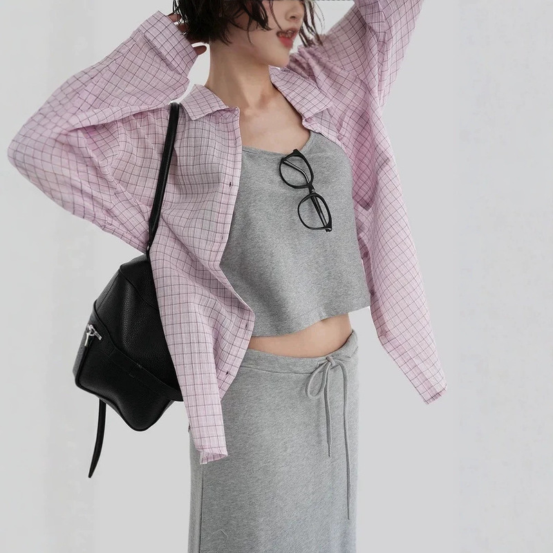 Modern minimalist thin semi-transparent plaid shirt, Korean designer women's clothing, casual and versatile Korean-style shirt Modern minimalist thin semi-transparent plaid shirt, Korean designer women's clothing, casual and versatile Korean-style shirt