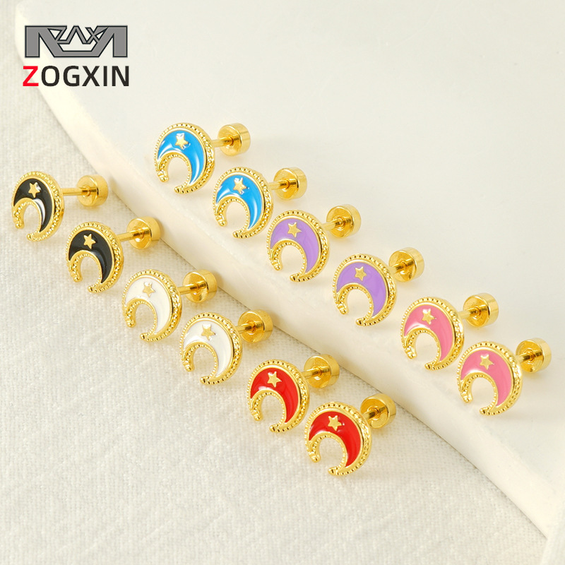 Moda nuevo estilo ins elegante todo fósforo dulce de acero inoxidable chapado 18K oro estrella Luna Stud pendientes para las mujeres en stock
