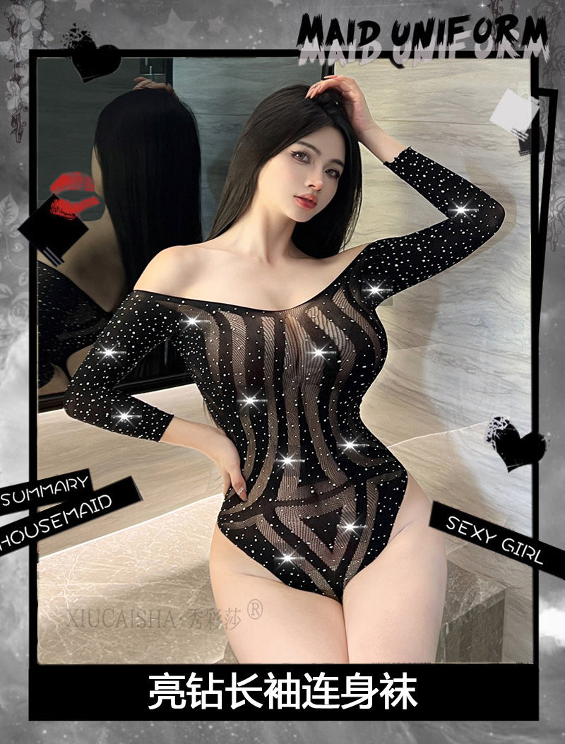 Hollow-Out Fishnet Bodystocking with Rhinestone Detail, Black Plus Size One-Piece Lingerie — detail image 3