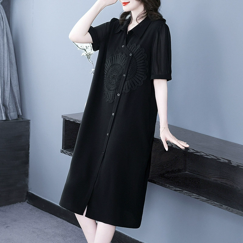2025 новое летнее шифоновое платье с лацканами, вышивкой, длинными и короткими рукавами, повседневное платье больших размеров, элегантная женская одежда