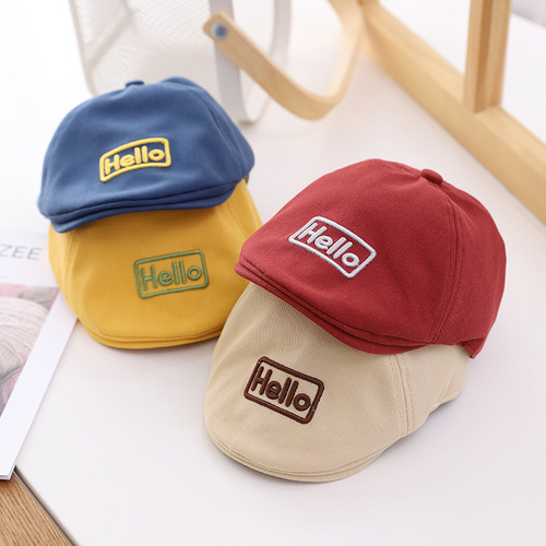 Hello embroidered infant beret letter baby hat British style baby beanie cotton hat 6-18 months