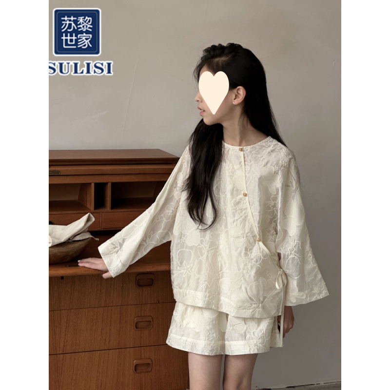 苏黎世家女童套装秋款儿童衬衫新中式绣花娃娃衫吊带短裤三件套