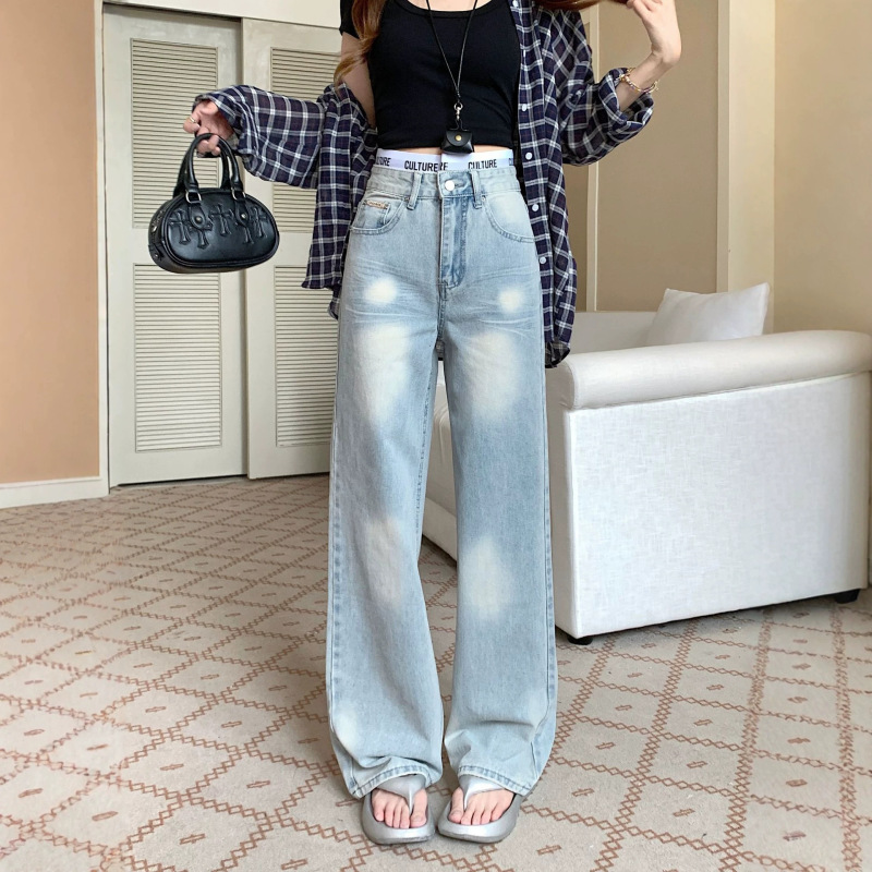 Real Shot of Light Blue Patchwork Vintage Washed Jeans for Women, Spring and Autumn Ck Style, Faux Two-Piece, High-Waisted, Loose Straight Wide-Leg Pants Real Shot of Light Blue Patchwork Vintage Washed Jeans for Women, Spring and Autumn Ck Style, Faux Two-Piece, High-Waisted, Loose Straight Wide-Leg Pants