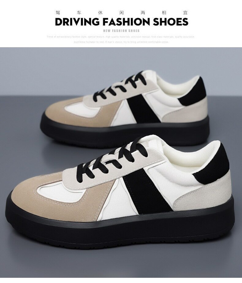 Giày sneaker nam cổ thấp phối màu, mũi tròn, đế cao su, thoáng khí, dây buộc — Màu lạc đà, Màu trắng chi tiết 19