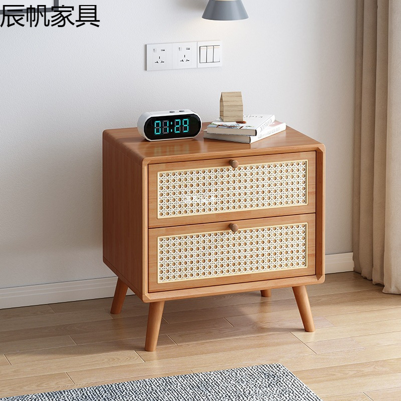 中古风实木床头柜家用藤编柜子家用简约卧室床边收纳柜双抽床头柜|undefined