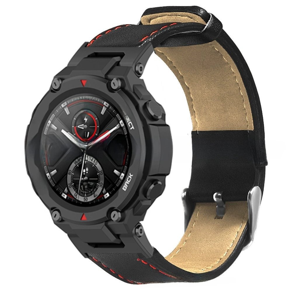 Кожаный сменный ремешок (Amazfit) T‑Rex / T‑Rex Pro, чёрный с красной прострочкой