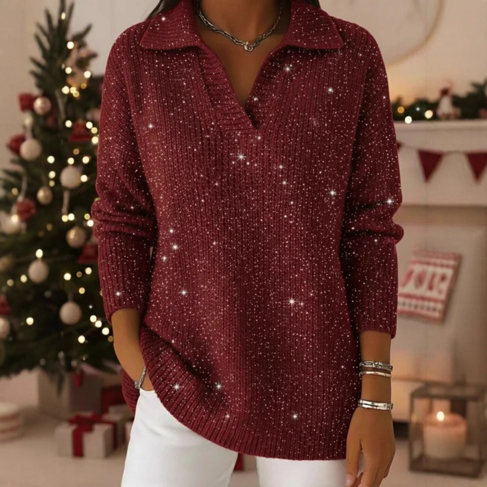 2025 Cross-Border Export Women's Clothing Independent Station Amazon Autumn and Winter New Pure Color Long-Sleeved Tops Shiny Sweaters