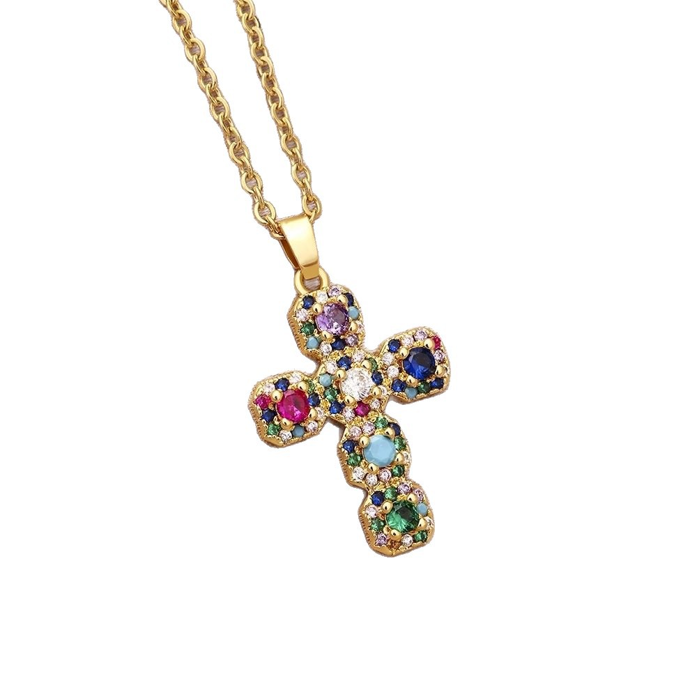 La moda europea y americana personalidad collar de cruz de color diamante completo colgante de zircon de alta calidad lujo ligero universal cadena de clavícula