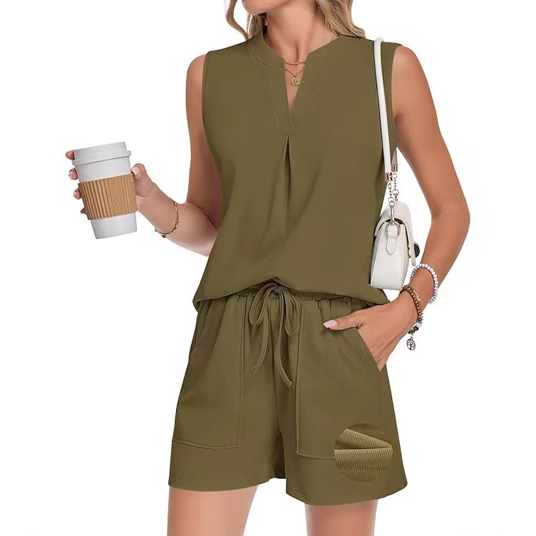 2026 Cross-Border Amazon Women's Two-Piece Waffle Summer Casual V-Neck Pleated Sleeveless Shorts Set
