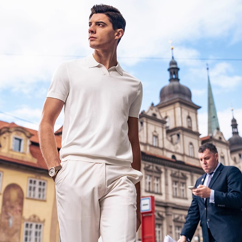 Polo de negocios de solapa suave y cerosa delicada y fresca para hombre, manga corta de punto de verano para hombre, cuello de gaviota para hombre, comercio exterior transfronterizo al por mayor