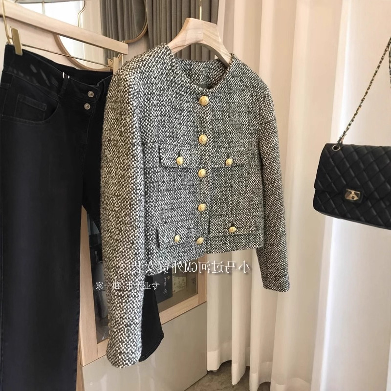 High-Quality Plaid Chanel-Style ~ Highly Recommended! Gold Buckle Retro Green Tweed Elegant Short Jacket for Women in Autumn