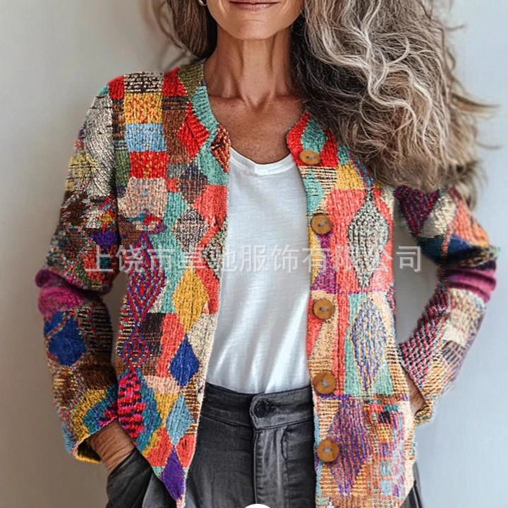 (3D数码印花款)2025外贸独立站新款几何开衫卫衣外套女装早春