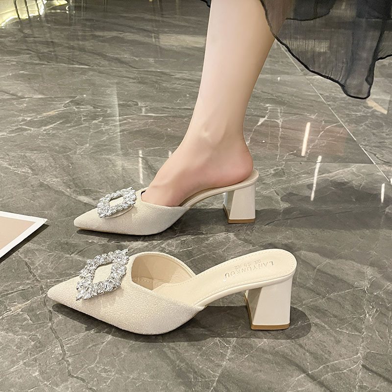 Muller Shoes with Rhinestones, Half-Slippers for Women, Summer Outdoor Wear, Shallow Pointed Toe, Chunky High Heels, Closed Toe with Square Buckle