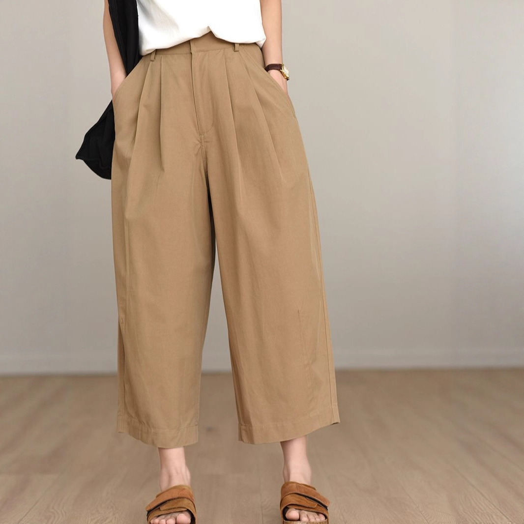 Quần ống rộng nữ cao eo dáng suông chất kaki mỏng nhẹ mùa hè — Kaki