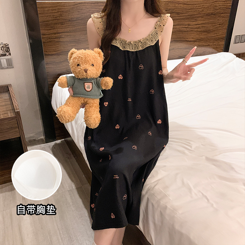 Fabricante pijama de verano encaje pijama de cuello redondo nubes de algodón cómodas y transpirables dulces con cojín de pecho vestido de cabina se puede usar fuera