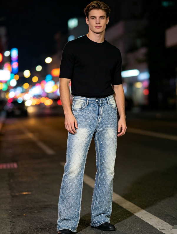 Jeans Rectos con Diamantes para Hombre de Mezclilla de Algodón, Sin Elasticidad, para Uso Diario