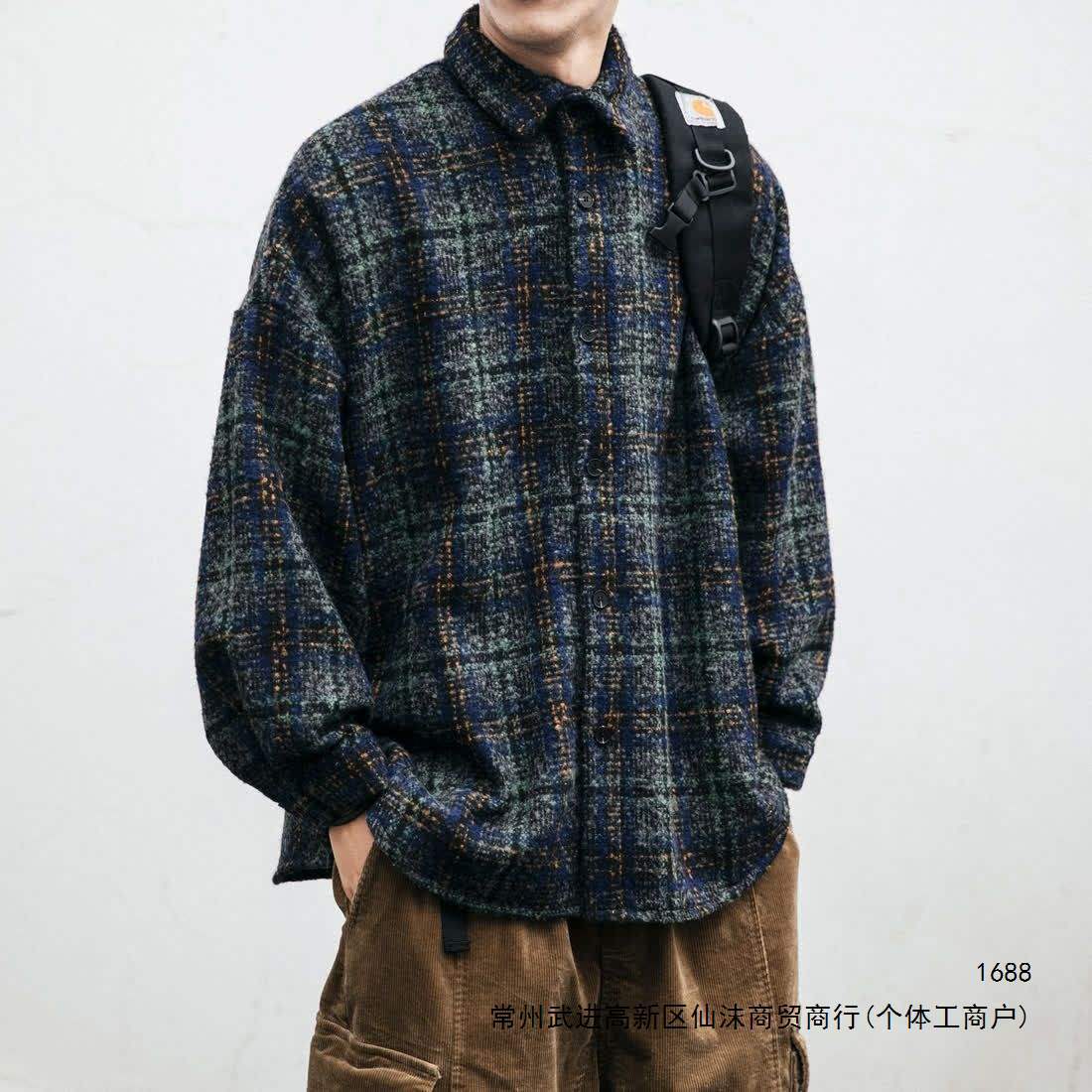 Spring and Autumn Japanese Retro Woolen Trendy Plaid Shirt Men's Long Sleeve Korean Style Trendy Couple Versatile Casual Jacket