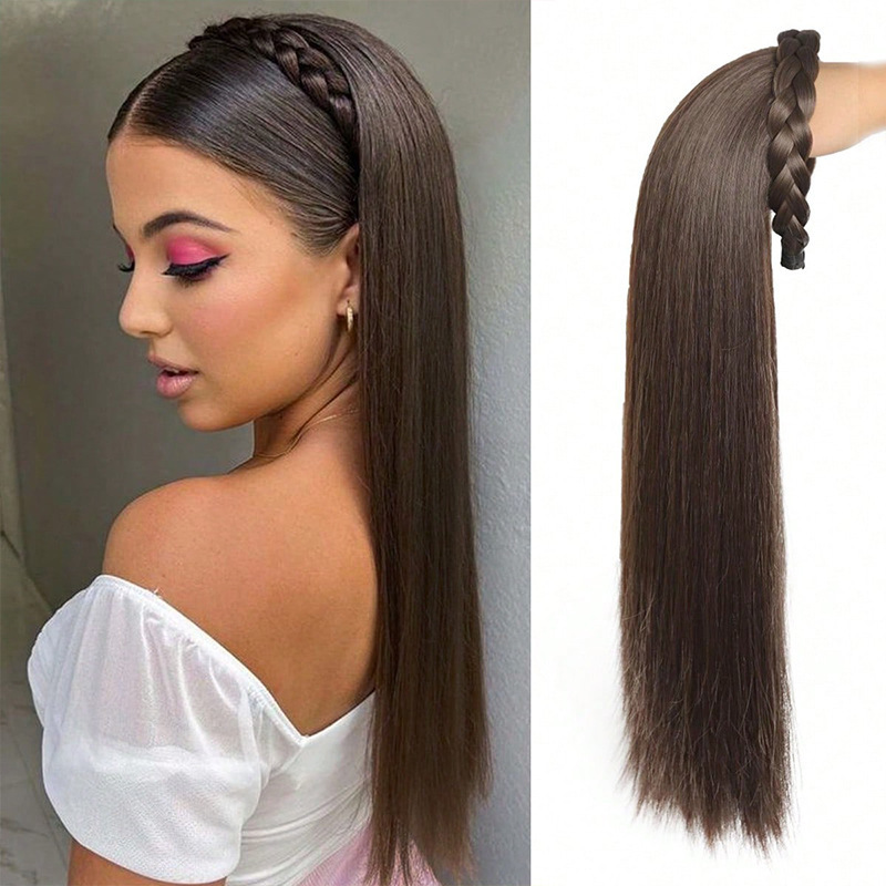 Long Straight Hair Wig for Women with Braided Ponytail, High Crown Integrated Wig, U-Shaped Half Wig Long Straight Hair Wig for Women with Braided Ponytail, High Crown Integrated Wig, U-Shaped Half Wig