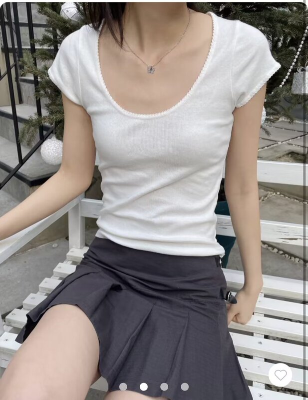 BM style Brandy same style summer Zelly top round neck white lace short sleeve t-shirt women's slim fit top