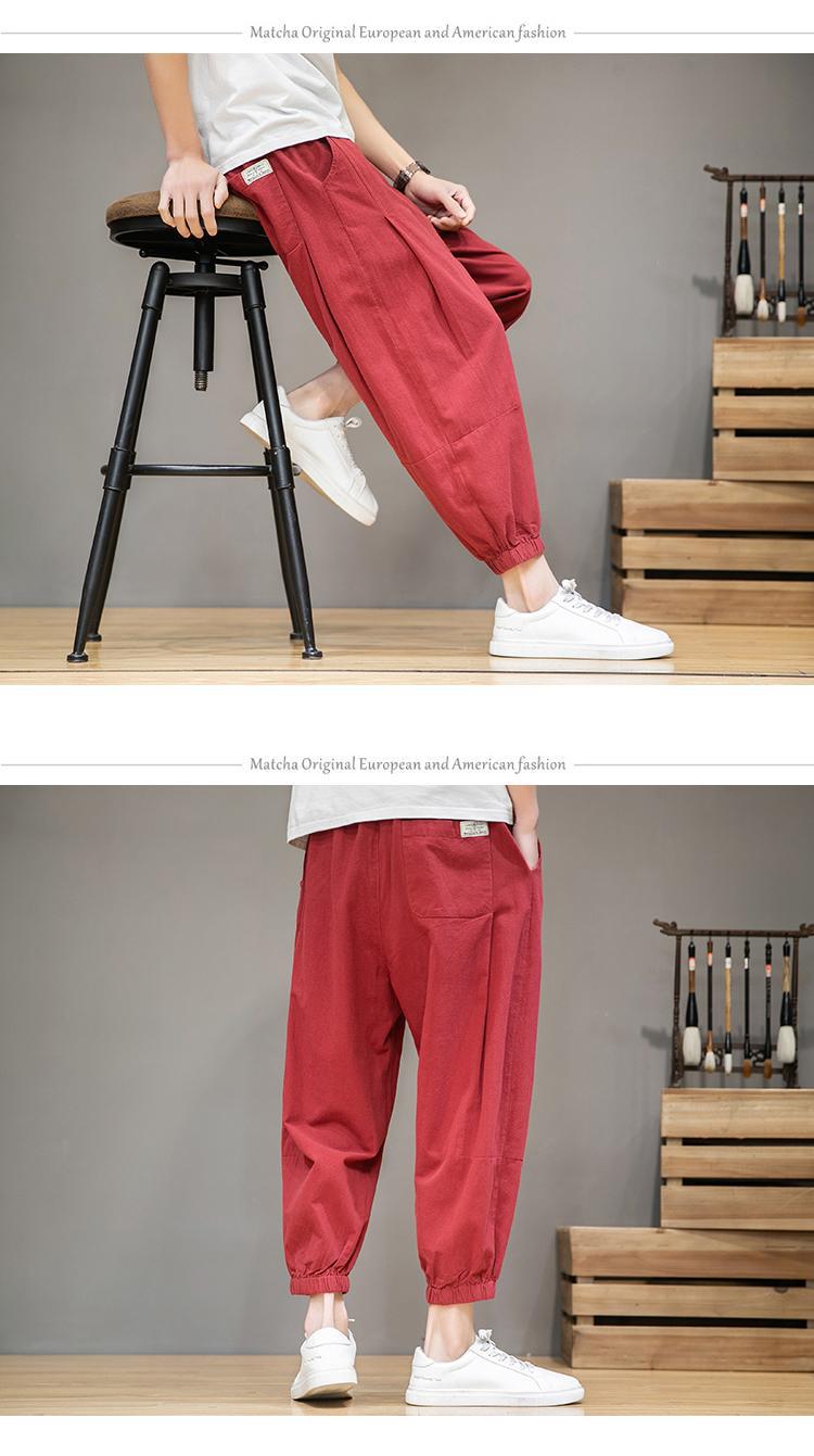 Pantalon lanterne en coton et lin de sport d'été à sept points, pantalon ample à la cheville Haren pour hommes_voghion.com