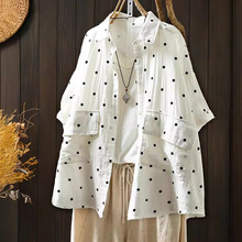 大口袋双层棉纱波点衬衫女短袖宽松大码夏装文艺休闲软糯衬衣外套