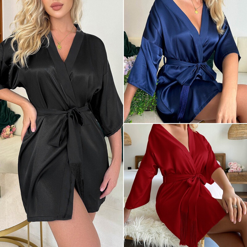 European and American Cross-border Middle-sleeve Women's Nightgown Summer Short Cardigan Lace-up Tassel Bathrobe Thin Home Sexy Pajamas
