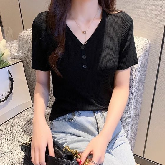 Solid Color Summer New Short-sleeved Ice Silk Base Knitted Sweater Slim-fit Cyber Celebrity All-match Fashionable Thin Top T-shirt for Women