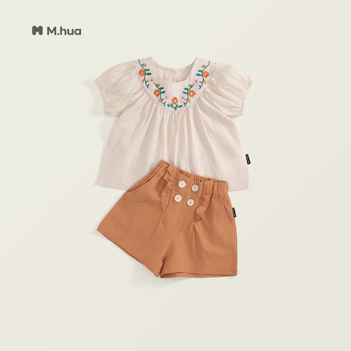 Jella Children's Clothing Girls' Korean Style Short-Sleeved Top 2025 Summer New Arrival, Brown Shorts Two-Piece Set for Toddlers and Children (Cross-Border)