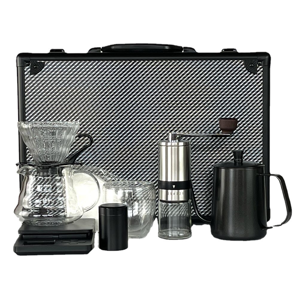 Boutique de café portátil de viaje con escala traje caja de regalo cafetera de mano