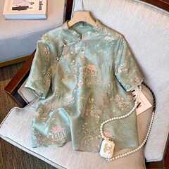 新しい中国風のグリーン刺繍ジャカード半袖シャツ女性の夏のレトロなスタイルのデザイン改良されたチャイナトップ