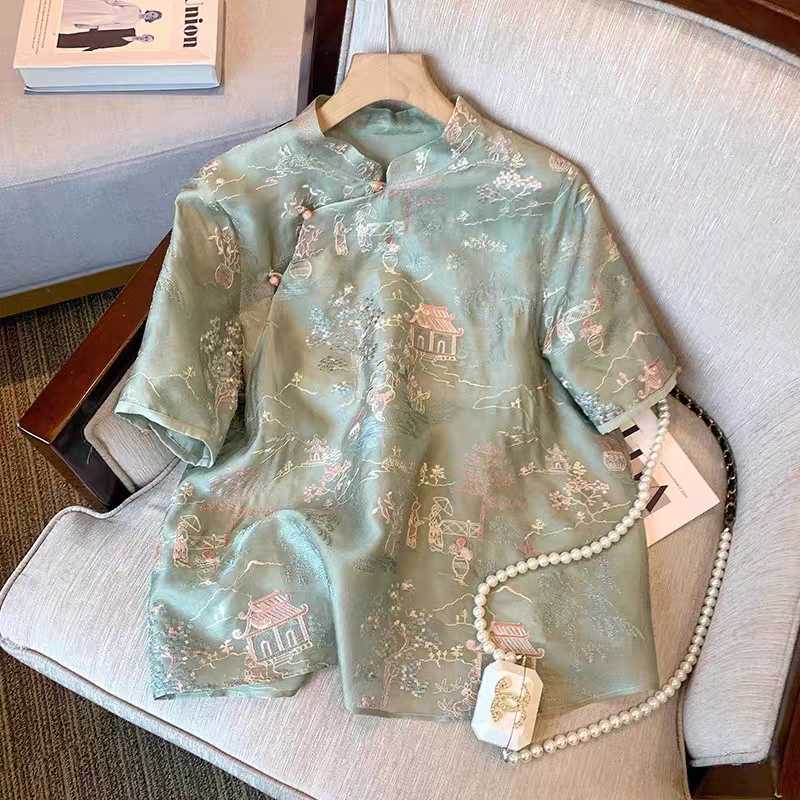 新しい中国風のグリーン刺繍ジャカード半袖シャツ女性の夏のレトロなスタイルのデザイン改良されたチャイナトップ|undefined