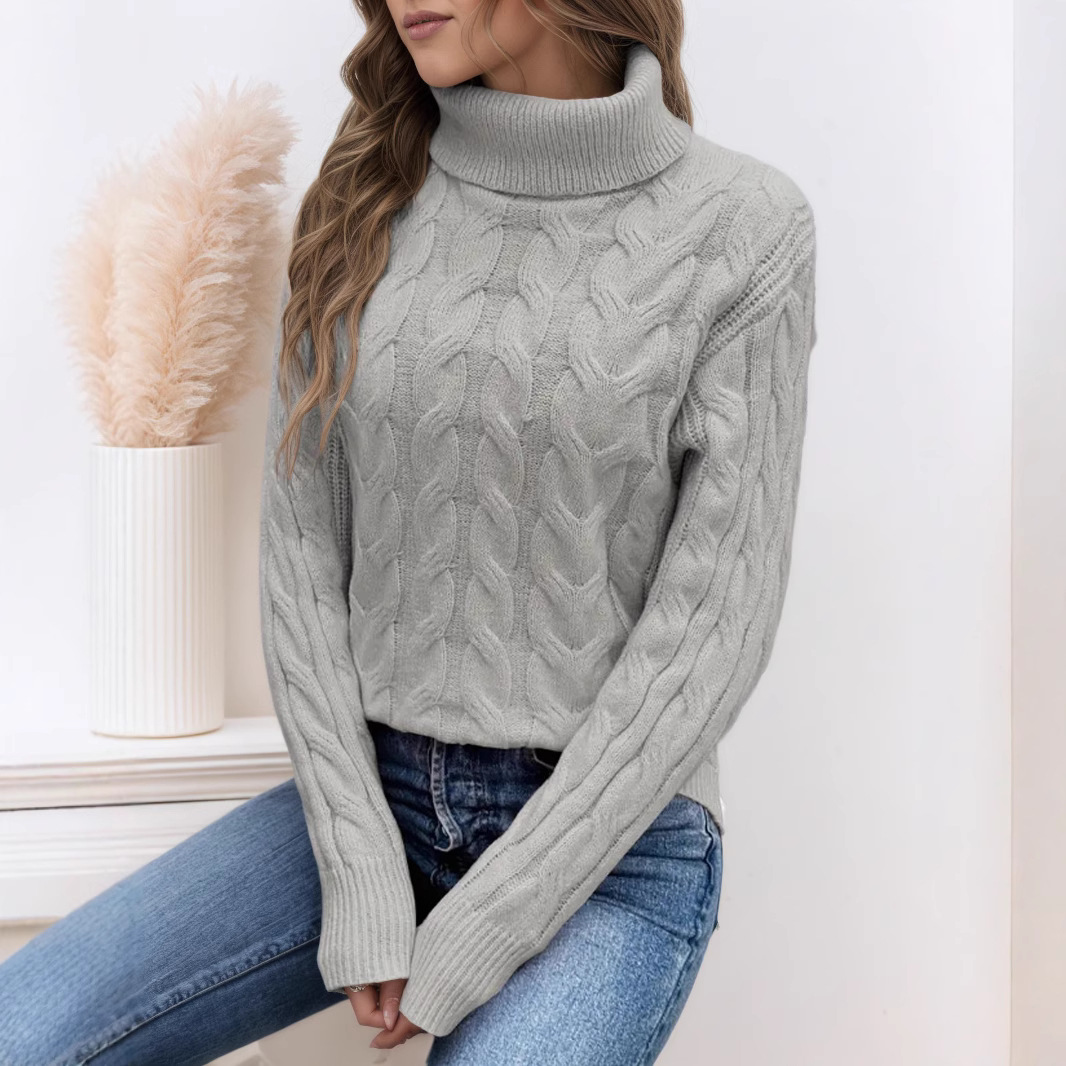 Pull à col roulé à manches longues torsadé de couleur unie pour femmes de la mode européenne et américaine Pull d'automne et d'hiver du commerce extérieur transfrontalier d'Amazon