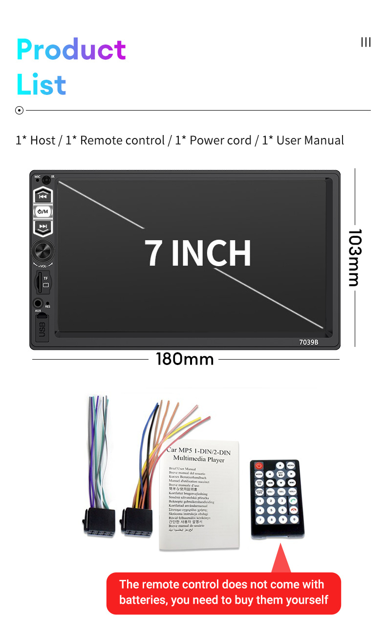 7inch Mp5 Player Car Display Screen Portable Fm Reversing Rear View Bluetooth Connection Hd 1080