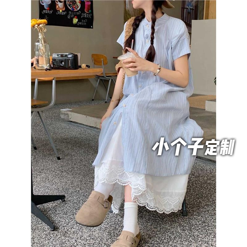 150 Short Short Men French Striped Short-sleeved Shirt dress Women's Summer Vacation Style Stacked-on Loose A- Line Midi Dress