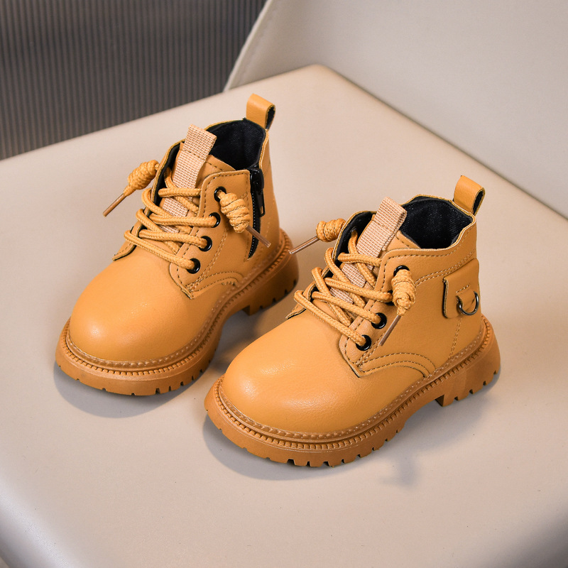 Children's Soft Soled Martin Boots Autumn Winter Trendy Yellow Side Zipper Leather Boys Girls Toddlers_voghion.com