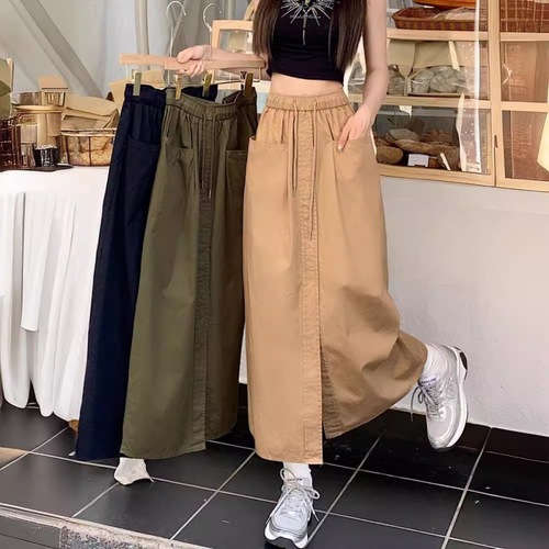 Women's Summer Loose Plus Size A-line Skirt with Double Pockets and Side Slits