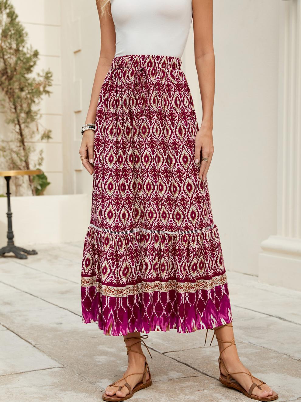 Bohemian European American Style Rayon Printed A-line Midi Skirt Vacation, Beach, And Seaside, With A Large Hemline For_ecoleips.com