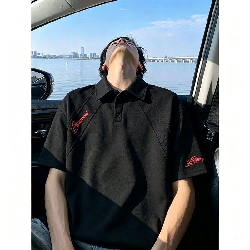 2026 White and Gray Patchwork Embroidered Short-Sleeve Polo Shirt for Men, Summer American Style Heavy-Duty Turn-Down Collar Half-Sleeve T-Shirt Trendy