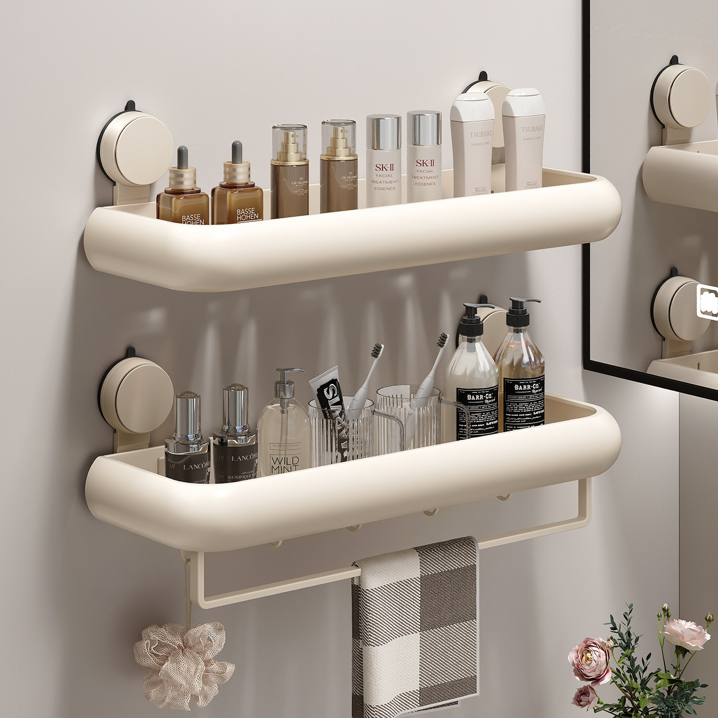 Milky White Suction Cup Bathroom Shelf, No-Drill Toilet Washbasin Wall-Mounted Multifunctional Storage Rack