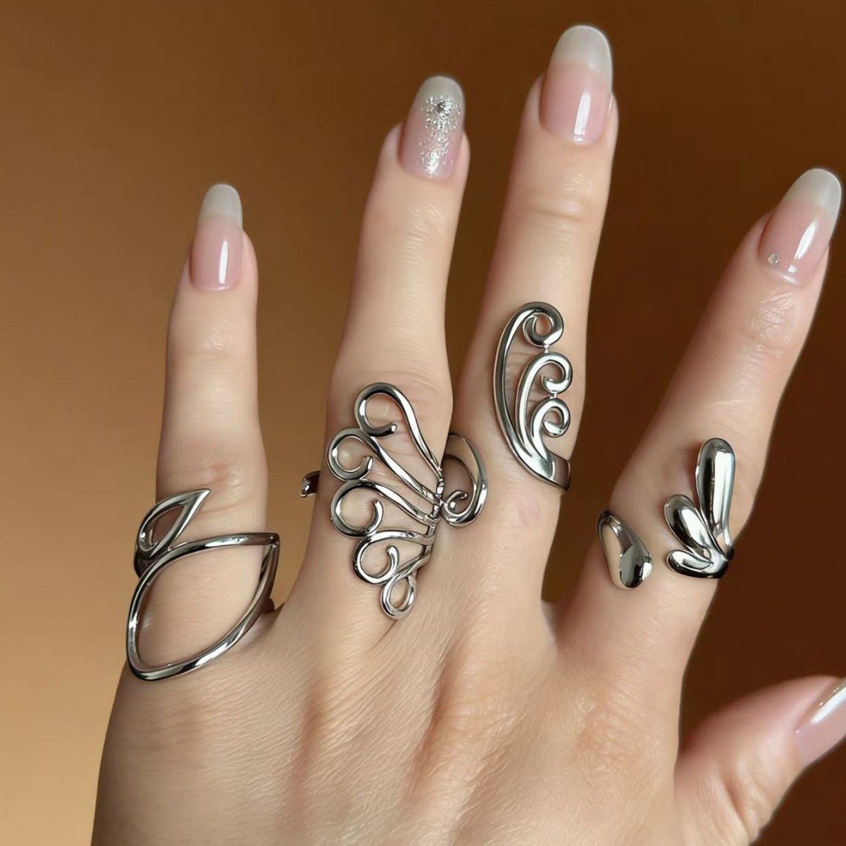 Hot-Selling Fashionable European and American Exaggerated Geometric Mirror Open Rings, Designer-Style Double Ring Cross-Border Jewelry