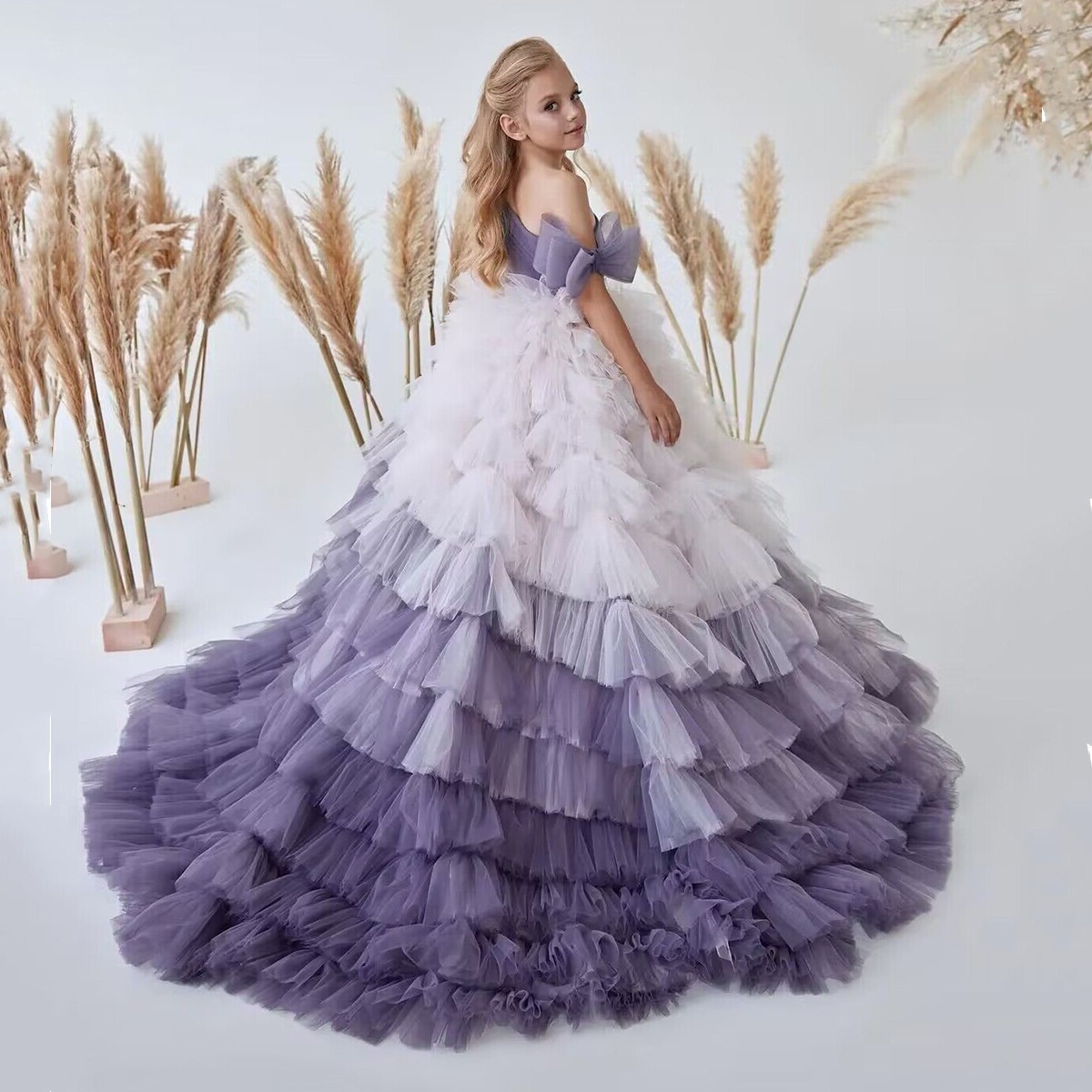Girls' Trendy Cake Dress For Piano Exam Performance Flower Girl Children's Outfit Model Runway Purple Dress【Pre-sale | Ships In 15 Days】_voghion.com
