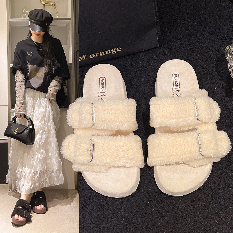 秋冬新款羊毛拖鞋女软木拖鞋休闲一字拖鞋女夏季外穿毛毛拖鞋女