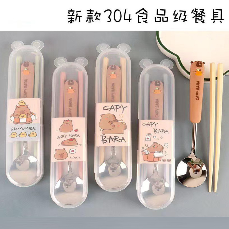 Cartoon stainless steel spoon wooden chopsticks portable travel tableware two-piece set spoon chopsticks student tableware factory wholesale