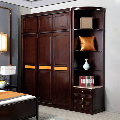 实木衣柜推拉门柜子卧室家用三门橡胶木顶柜转角组合新中式衣柜