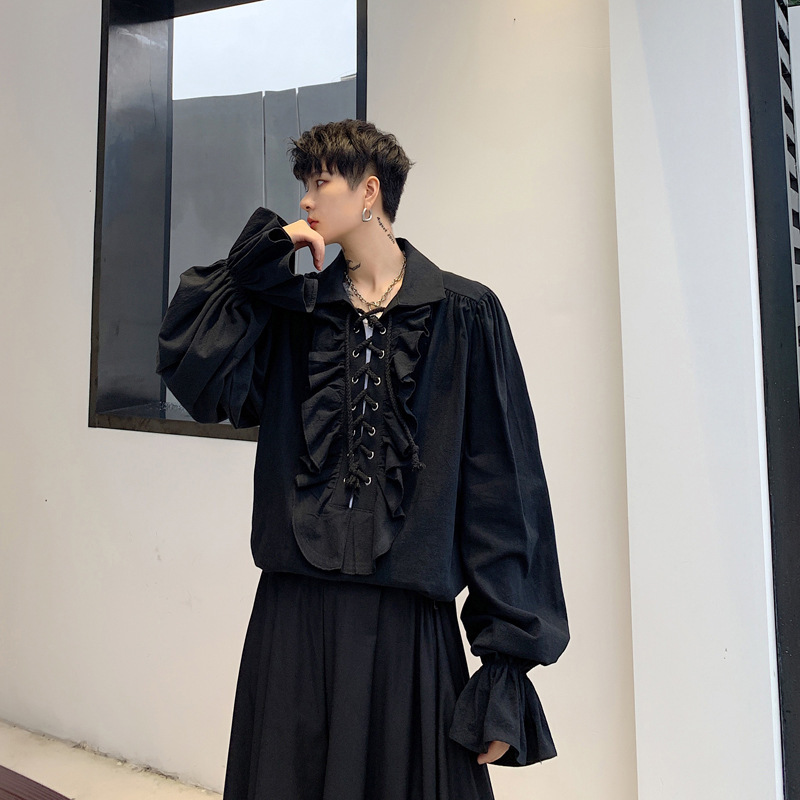 Men's Casual Medieval Pirate Shirt Performance Costume Retro Drama Dress Ruffled Shirt British Court
